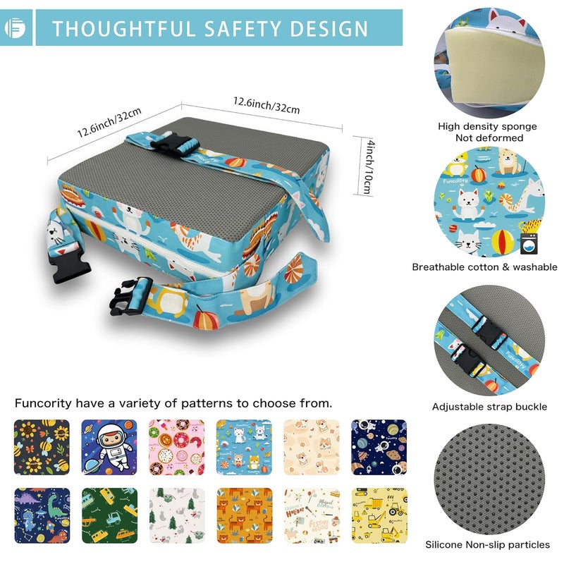 Funcority Toddler Booster Seat for Dining Table, Portable Booster Seat for Kitchen Chair, 4 Inch High-Density Foam Cushion with Adjustable Safety Straps and Non-Slip Bottom, Perfect for Kids Travel and Daily - Image 2